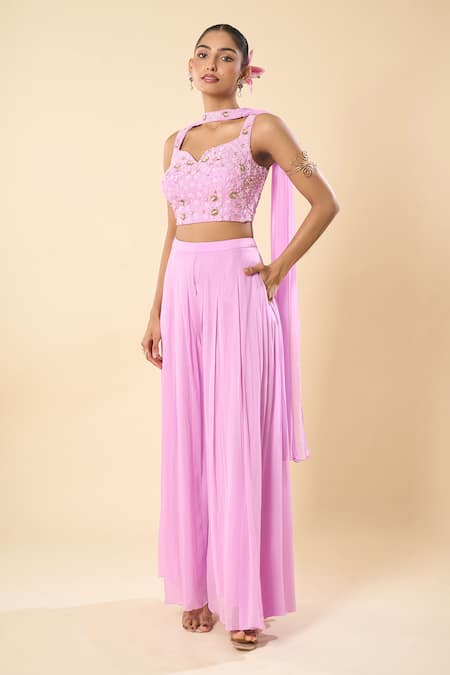 Samyukta Singhania_Pink Georgette Embroidery, Beads Sweetheart Neck Hand Blouse Palazzo Set _at_Aza_Fashions