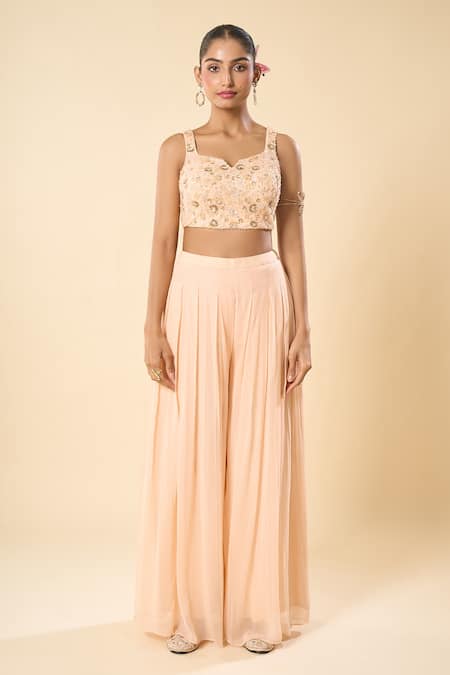 Samyukta Singhania_Peach Silk, Georgette, Taffeta Embroidery, Sequins Hand Blouse Palazzo Set _at_Aza_Fashions
