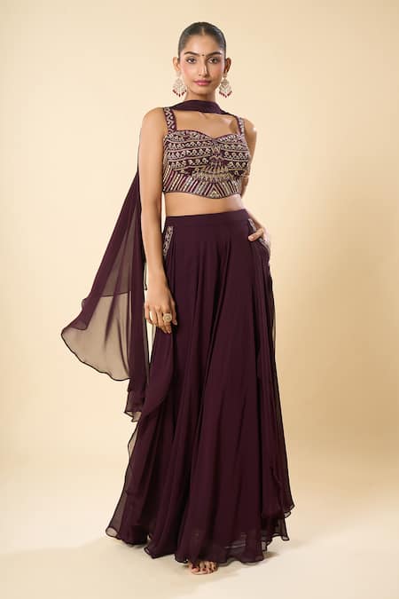 Shop_Samyukta Singhania_Purple Silk, Satin, Georgette Embroidery, Metallic Hand Blouse Sharara Set _Online_at_Aza_Fashions