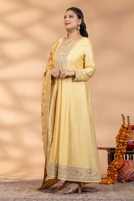 Mamicha_Yellow Silk Embroidery, Sequins, Stones, Zari Amber Shine Anarkali With Dupatta _Online_at_Aza_Fashions