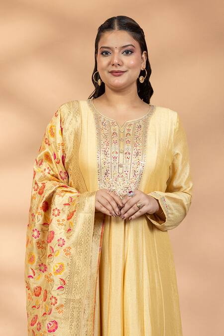 Buy_Mamicha_Yellow Silk Embroidery, Sequins, Stones, Zari Amber Shine Anarkali With Dupatta _Online_at_Aza_Fashions