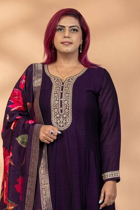 Mamicha_Purple Chiffon Embroidery, Foil Printing, Sitara-e-sham Anarkali With Dupatta _Online_at_Aza_Fashions