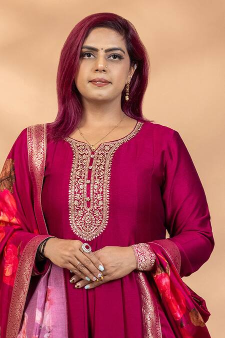 Mamicha_Magenta Chiffon Embroidery, Foil Printing, Rang-e-bahar Anarkali With Dupatta _Online_at_Aza_Fashions