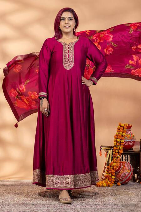 Buy_Mamicha_Magenta Chiffon Embroidery, Foil Printing, Rang-e-bahar Anarkali With Dupatta _Online_at_Aza_Fashions