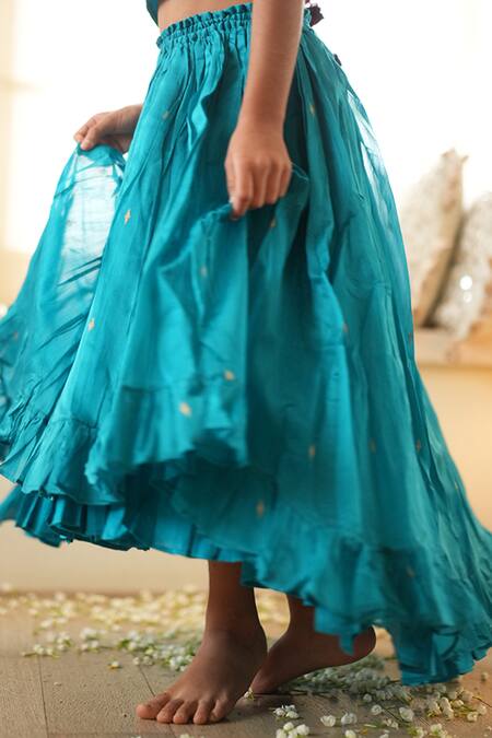 Buy_Love The World Today_Teal Cotton Satin Embroidery Nilima Choli And High-low Lehenga Set 