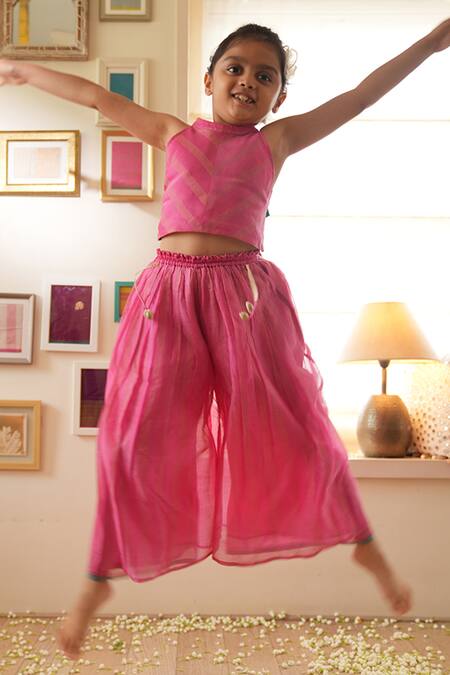 Love The World Today_Pink , Silk, Satin Neelkamal Halter Neck Top And Flared Palazzo Set _Online_at_Aza_Fashions