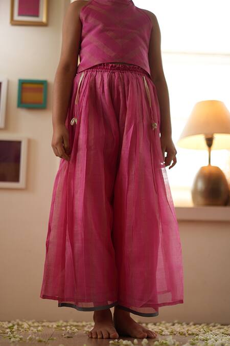 Buy_Love The World Today_Pink , Silk, Satin Neelkamal Halter Neck Top And Flared Palazzo Set _Online_at_Aza_Fashions