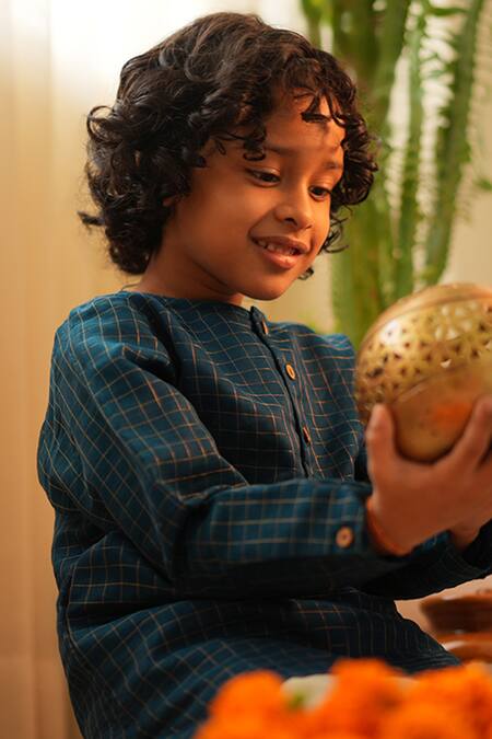 Buy_Love The World Today_Teal Cotton, Silk Aparajita Checks Weave Kurta _Online_at_Aza_Fashions