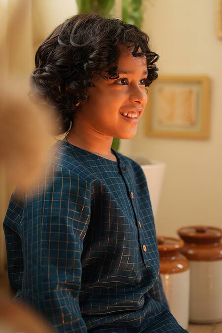 Love The World Today_Teal Cotton, Silk Aparajita Checks Weave Kurta _at_Aza_Fashions