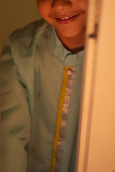 Love The World Today_Sky Blue Cotton, Silk Zari Poppy Polka Motif Kurta  _Online_at_Aza_Fashions