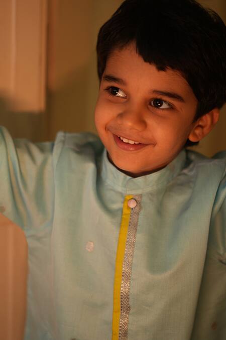 Shop_Love The World Today_Sky Blue Cotton, Silk Zari Poppy Polka Motif Kurta  _Online_at_Aza_Fashions