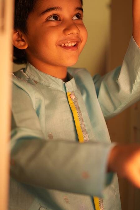 Love The World Today_Sky Blue Cotton, Silk Zari Poppy Polka Motif Kurta  _at_Aza_Fashions