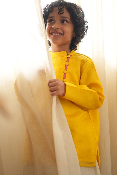 Shop Love The World Today Yellow Cotton Satin Basant Silk Side Button Placket Kurta Online at Aza Fashions Shop_Love The World Today_Yellow Cotton Satin Basant Silk Side Button Placket Kurta_Online_at_Aza_Fashions