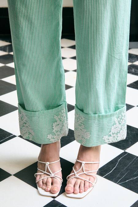 Buy_Kay Kay_Turquoise Cotton Lace, Embroidery Collared, Velora Shirt And Pant Co-ord Set _Online_at_Aza_Fashions