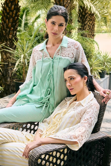 Shop_Kay Kay_Turquoise Cotton Lace, Embroidery Collared, Velora Shirt And Pant Co-ord Set _Online_at_Aza_Fashions