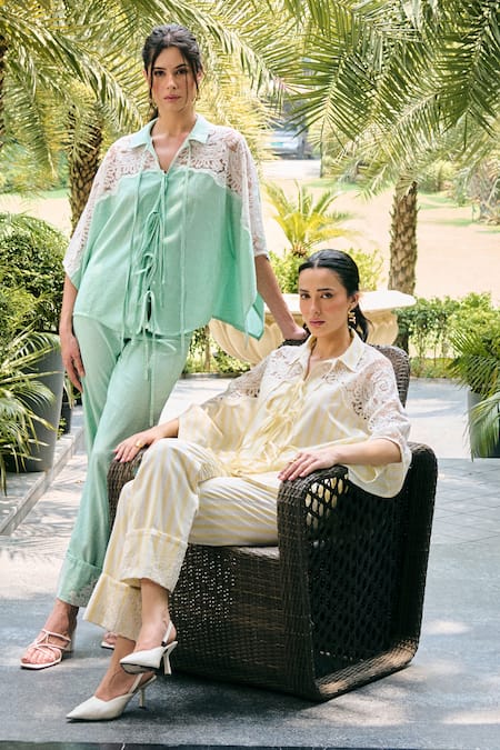 Kay Kay_Turquoise Cotton Lace, Embroidery Collared, Velora Shirt And Pant Co-ord Set _at_Aza_Fashions