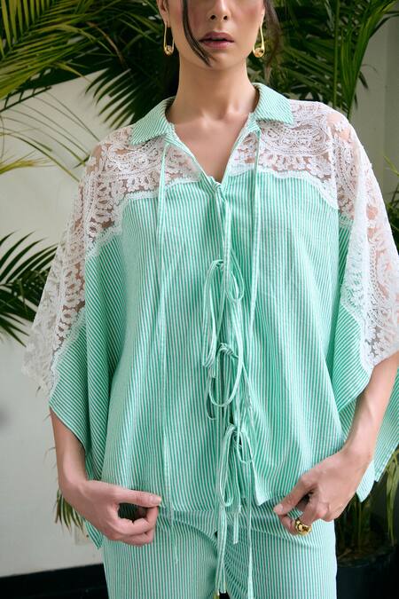 Buy_Kay Kay_Turquoise Cotton Lace, Embroidery Collared, Velora Shirt And Pant Co-ord Set 