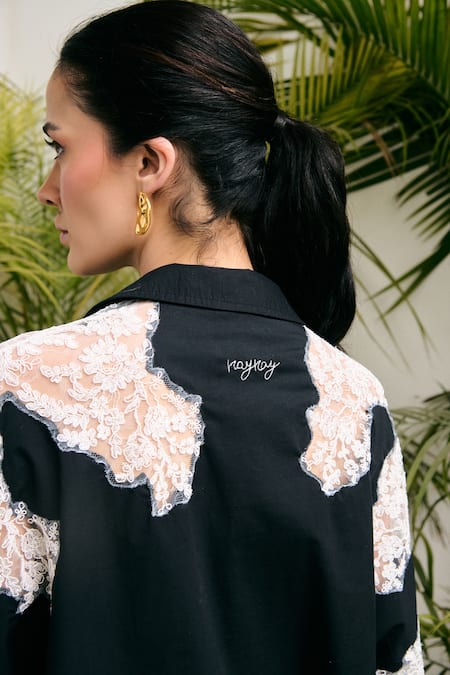Buy_Kay Kay_Black Cotton Lace, Embroidery Collared Nyraze Shirt And Pant Co-ord Set _Online_at_Aza_Fashions