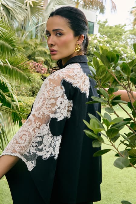 Shop_Kay Kay_Black Cotton Lace, Embroidery Collared Nyraze Shirt And Pant Co-ord Set _Online_at_Aza_Fashions