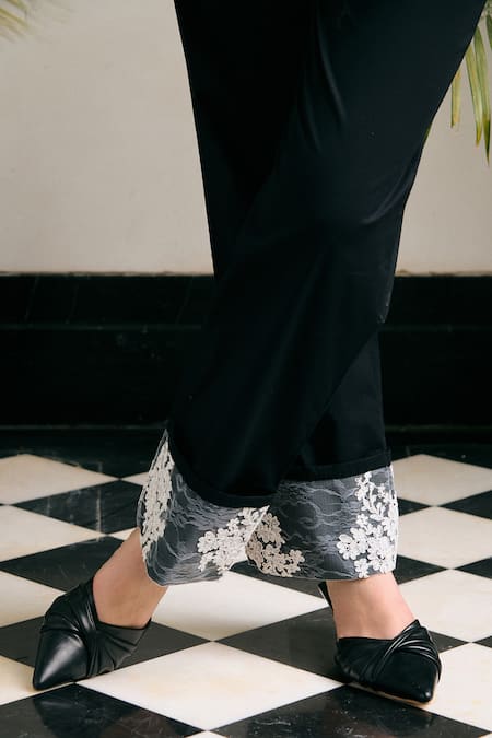 Kay Kay_Black Cotton Lace, Embroidery Collared Nyraze Shirt And Pant Co-ord Set _at_Aza_Fashions