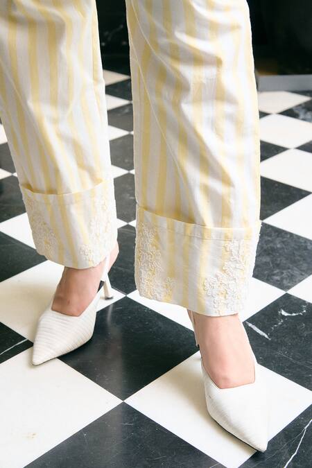 Buy_Kay Kay_Yellow Cotton Lace, Embroidery Collared Shirt And Pant Co-ord Set _Online_at_Aza_Fashions