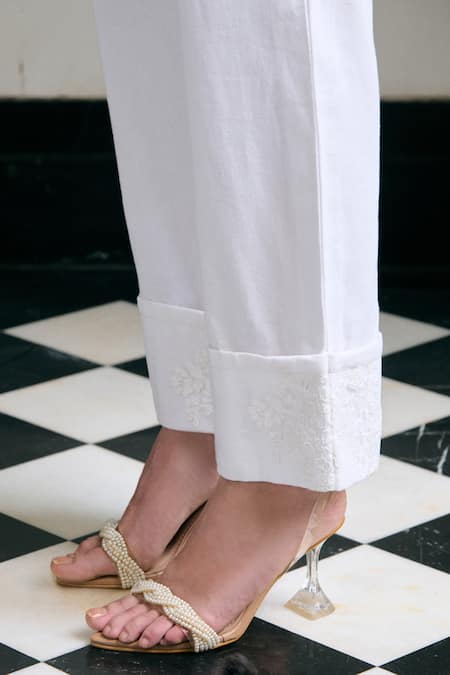 Kay Kay_White Denim Lace, Embroidery Collared Reyah Shirt And Pant Co-ord Set _at_Aza_Fashions