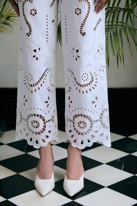 Buy_Kay Kay_White Cotton, Poplin, Denim Embroidery, Cut Work Veyra Top And Pant Co-ord Set _Online_at_Aza_Fashions