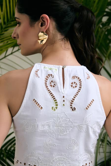 Shop_Kay Kay_White Cotton, Poplin, Denim Embroidery, Cut Work Veyra Top And Pant Co-ord Set _Online_at_Aza_Fashions