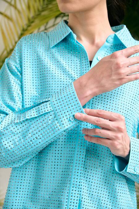 Buy_Kay Kay_Blue Polyester, Poplin Studs Collared Syra Studded Shirt _Online_at_Aza_Fashions