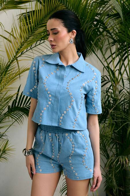 Shop_Kay Kay_Blue Denim Studs Collared Zaza Studded Shirt And Shorts Co-ord Set _Online_at_Aza_Fashions