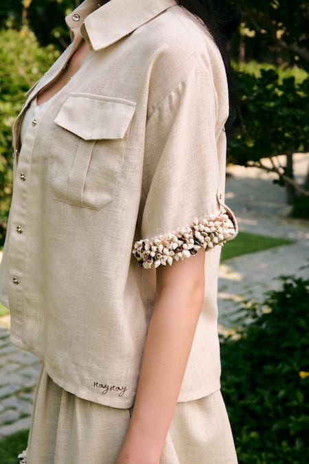 Buy_Kay Kay_Beige Polyester Bows Collared, Bandeau Nikos Shirt And Shorts 3 Piece Co-ord Set _Online_at_Aza_Fashions