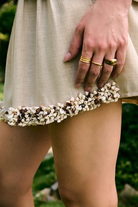 Shop_Kay Kay_Beige Polyester Bows Collared, Bandeau Nikos Shirt And Shorts 3 Piece Co-ord Set _Online_at_Aza_Fashions