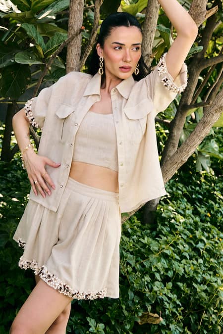 Buy_Kay Kay_Beige Polyester Bows Collared, Bandeau Nikos Shirt And Shorts 3 Piece Co-ord Set 