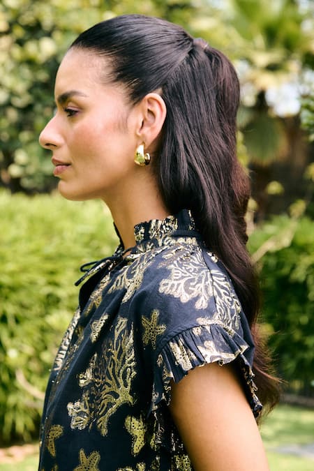 Buy_Kay Kay_Black Cotton, Lurex Embroidery Voliana Floral Print Top And Shorts Co-ord Set _Online_at_Aza_Fashions