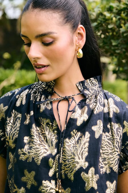 Shop_Kay Kay_Black Cotton, Lurex Embroidery Voliana Floral Print Top And Shorts Co-ord Set _Online_at_Aza_Fashions