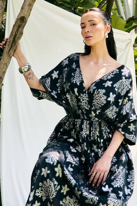 Buy_Kay Kay_Black Lurex, Cotton Embroidery V-neck Freja Floral Print Dress _Online_at_Aza_Fashions