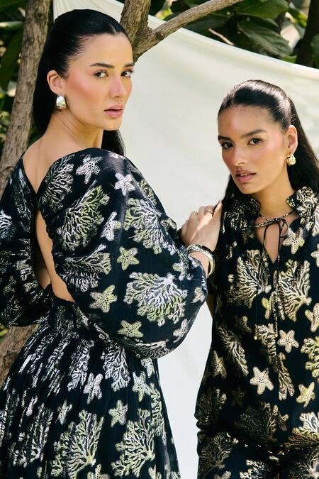 Kay Kay_Black Lurex, Cotton Embroidery V-neck Freja Floral Print Dress _at_Aza_Fashions