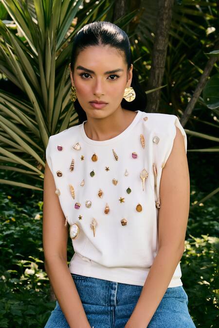 Kay Kay_Off White Modal, Denim Stones, Embroidery Round Coral Studded Top And Pant Set _Online_at_Aza_Fashions