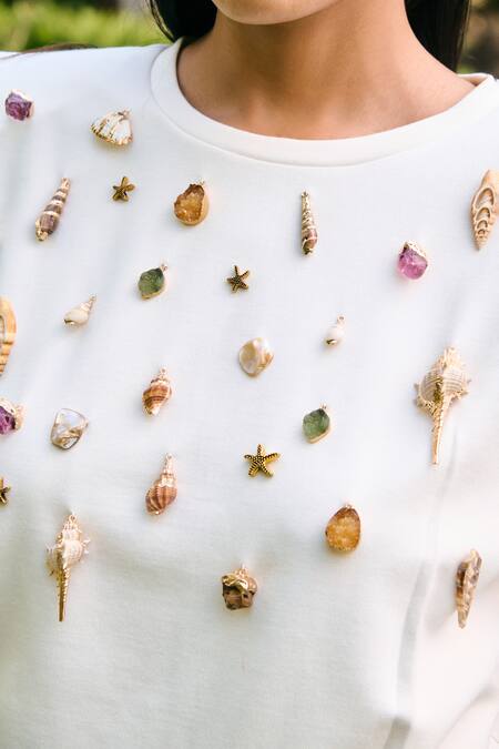 Buy_Kay Kay_Off White Modal, Denim Stones, Embroidery Round Coral Studded Top And Pant Set _Online_at_Aza_Fashions