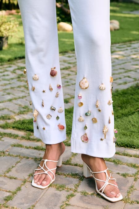 Kay Kay_White Beads, Stones, Applique Round Odessa Studded Tank Top And Pant Co-ord Set _at_Aza_Fashions