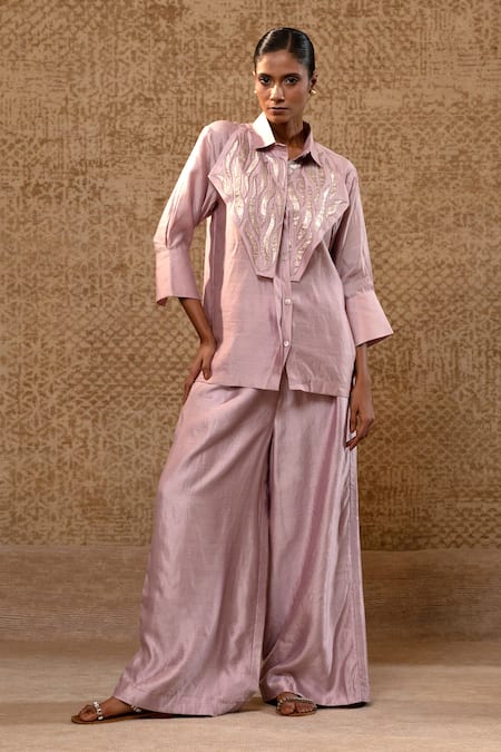 Eeda Metallic Applique Shirt & Wide-Leg Pant Set 