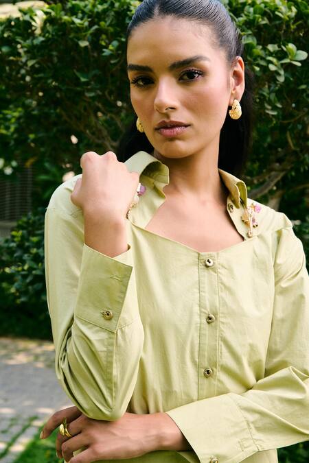 Kay Kay_Green Cotton Tassels, Stones Collared Sade Sea Shell Shorts Co-ord Set _Online_at_Aza_Fashions