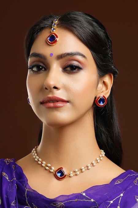 Ruby Raang Meenakari Kundan Embellished Necklace Set 