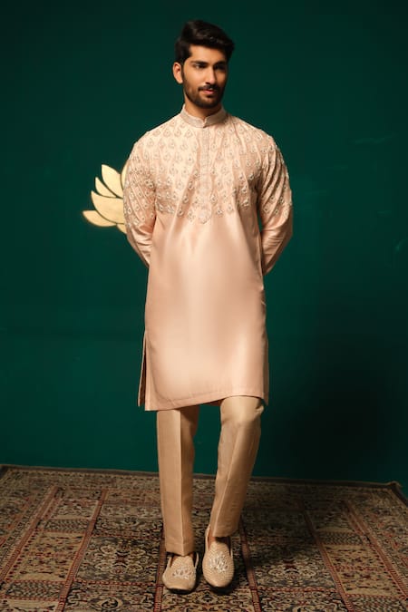 Buy_Niloufer By Aasif Ally_Peach Silk Embroidery Zardozi Handwork Kurta And Pant Set _Online_at_Aza_Fashions
