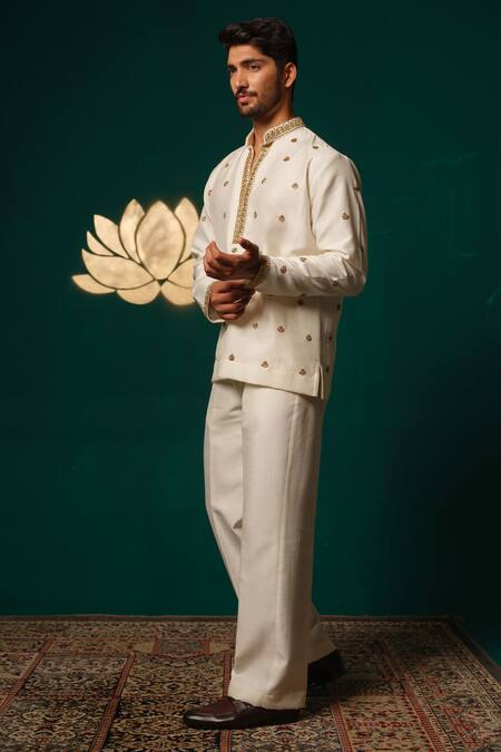 Niloufer By Aasif Ally_Ivory Silk Embroidery Zardozi Handwork Short Kurta And Pant Set _at_Aza_Fashions