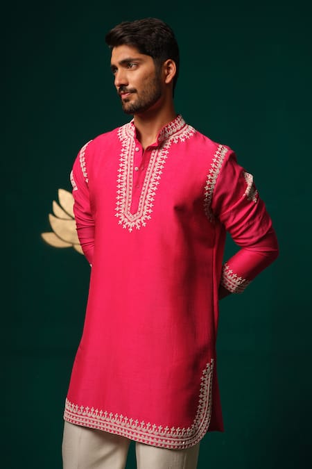 Niloufer By Aasif Ally_Pink Silk Embroidery, Beads Cutdana And Moti Handwork Short Kurta & Pant Set _Online_at_Aza_Fashions