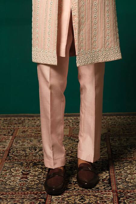 Niloufer By Aasif Ally_Pink Silk Sequins, Beads, Stones, Sequence And Moti Handwork Sherwani Set _Online_at_Aza_Fashions