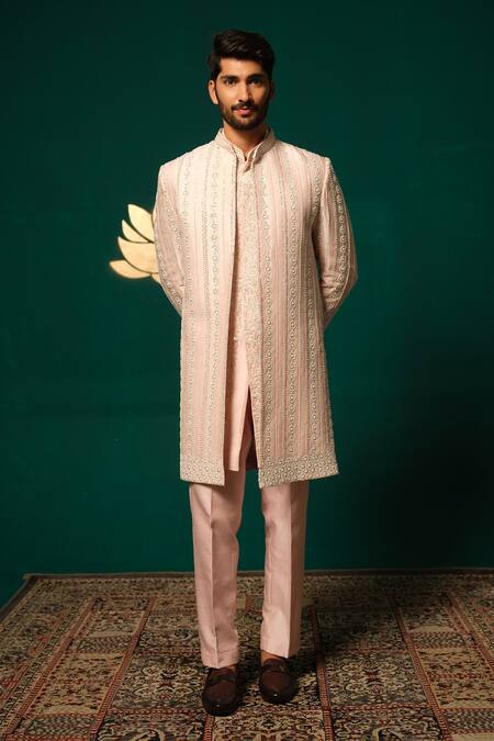 Buy_Niloufer By Aasif Ally_Pink Silk Sequins, Beads, Stones, Sequence And Moti Handwork Sherwani Set _Online_at_Aza_Fashions