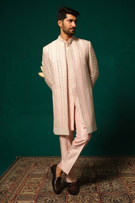 Shop_Niloufer By Aasif Ally_Pink Silk Sequins, Beads, Stones, Sequence And Moti Handwork Sherwani Set _Online_at_Aza_Fashions