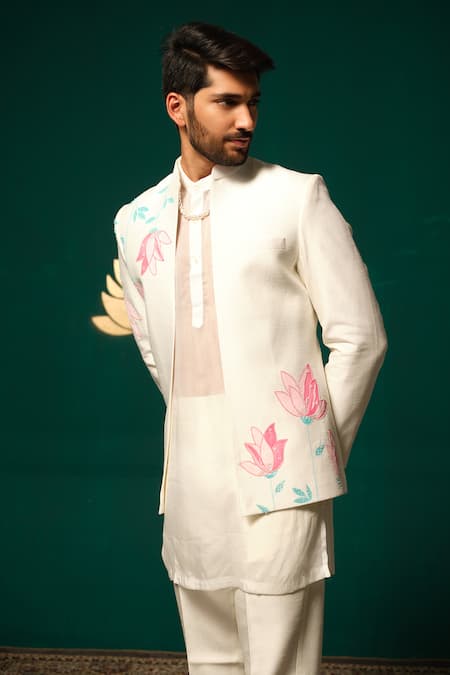 Niloufer By Aasif Ally White Silk Hand-painted Lotus Motif Nehru Jacket Kurta Set Online at Aza Fashions Niloufer By Aasif Ally_White Silk Hand-painted Lotus Motif Nehru Jacket Kurta Set _Online_at_Aza_Fashions
